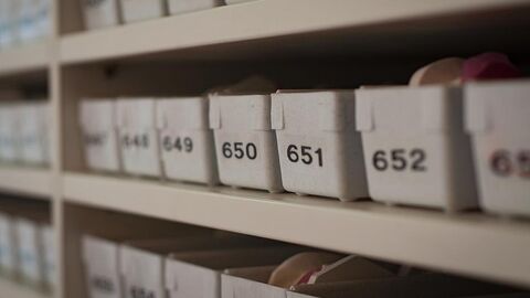 Regal mit nummerierten Plastikbehältern, Ausschnitt.